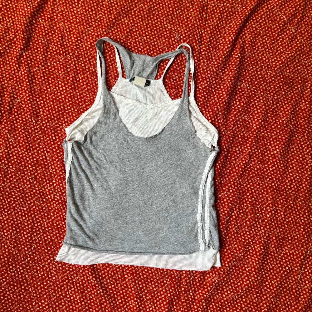 Vintage 2000s Coolwear USA Layered Racerback Tank Top Grey White Cotton Large - Picture 3 of 6